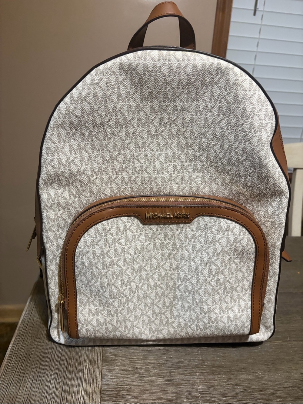 Michael Kors Cream Logo Backpack with Brown Trim